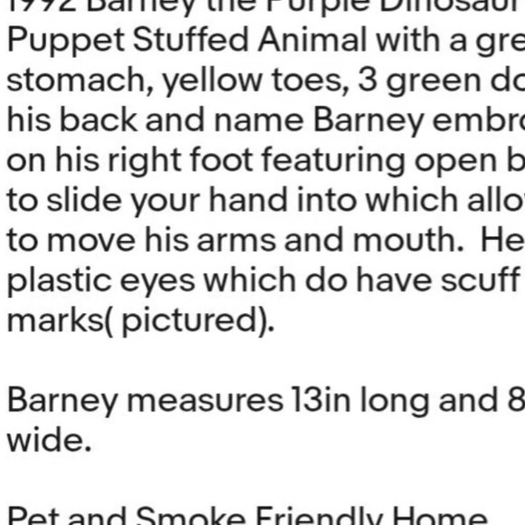 13" Barney Purple Dinosaur Puppet Stuffed Animal Plush Toy 1992 - Picture 3 of 12